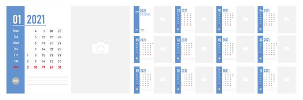 Desktop Monthly Photo Calendar 2021. Корпоративний і діловий календар. Simple monthly table photo calendar Layout for 2021 in English. Обкладинка і 12 пам'ятних календарних шаблонів. Тиждень починається з понеділка. Приклад вектора - Вектор, зображення