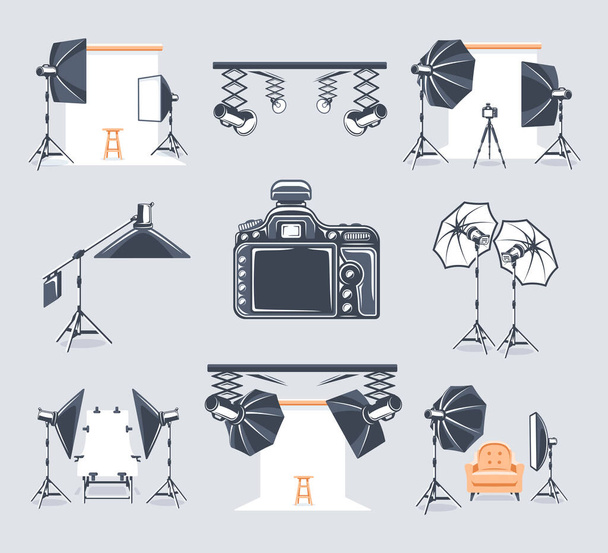 Set di elementi dello studio fotografico. Simboli per loghi e emblemi di design dello studio fotografico. Elemento di design piatto. Stile cartone animato. Illustrazione vettoriale - Vettoriali, immagini