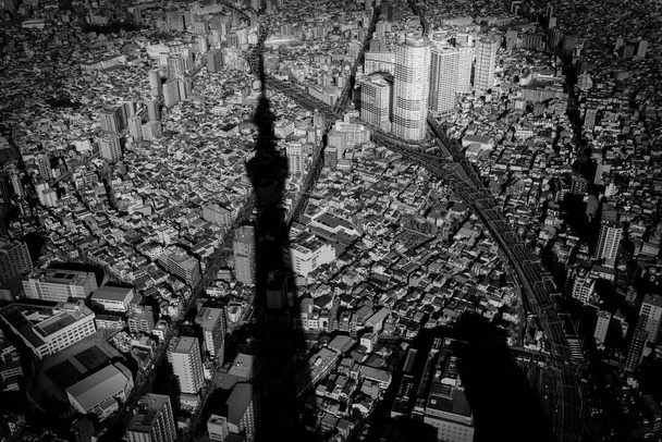 高さ2,080フィートの東京スカイツリーは、東京の街に影を投げかけました。. - 写真・画像