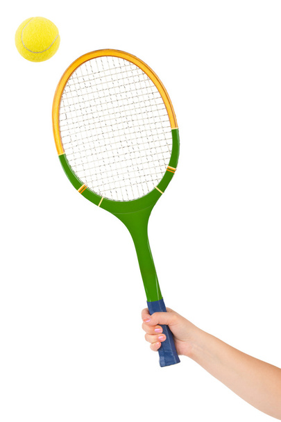 Hand with tennis racket and ball - Fotoğraf, Görsel