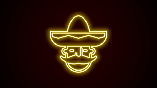 Glow néon ligne Mexicain homme portant icône sombrero isolé sur fond noir. Un hispanique avec une moustache. Animation graphique de mouvement vidéo 4K - Séquence, vidéo