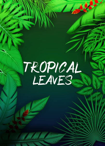 Ilustración vectorial de patrón exótico con hojas tropicales sobre fondo negro. - Vector, imagen