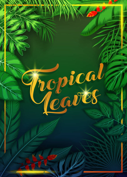 Vector illustration of Exotic pattern with tropical leaves on a black background. - Vector, Image
