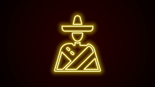 Siyah arka planda izole edilmiş sombrero ikonu giyen parlak neon çizgili Meksikalı adam. Bıyıklı İspanyol adam. 4K Video hareketli grafik canlandırması - Video, Çekim