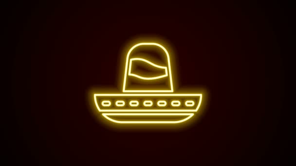 Ligne lumineuse néon Icône traditionnelle mexicaine sombrero chapeau isolé sur fond noir. Animation graphique de mouvement vidéo 4K - Séquence, vidéo