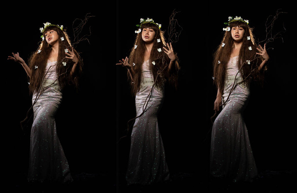 Полная длина тела Портрет моды 20-х годов азиатская женщина имеет красивое вечернее бальное платье, она носит модный стиль, сильное чувство позирует поверх черного фона коллаж три фотографии - Фото, изображение