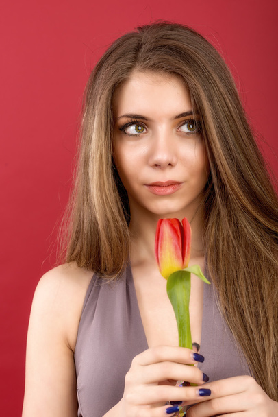 Teenage girl posing with tulip in hands on red background - Fotografie, Obrázek