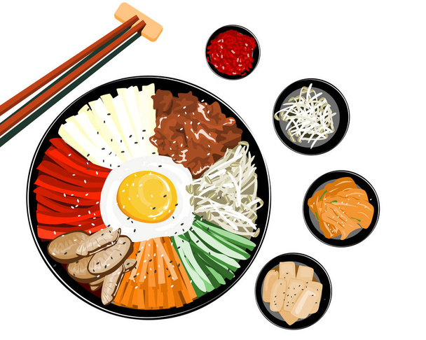 Titelset van Bibimbap of bi bim bop Koreaans eten, rijst mengen met verschillende ingrediënten in zwarte kom en bijgerechten vector illustratie. - Vector, afbeelding