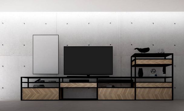Wohnzimmer Raum und Möbel-Attrappe Innenarchitektur und Betonwand Textur Hintergrund und LCD-TV - Foto, Bild