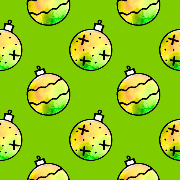 Patrón sin costuras con bolas de árbol de Navidad de acuarela. Dibujado a mano Año nuevo, fondos y texturas de Navidad. Para tarjetas de felicitación, papel de embalaje, embalaje, tela, calendarios, impresiones. - Foto, imagen