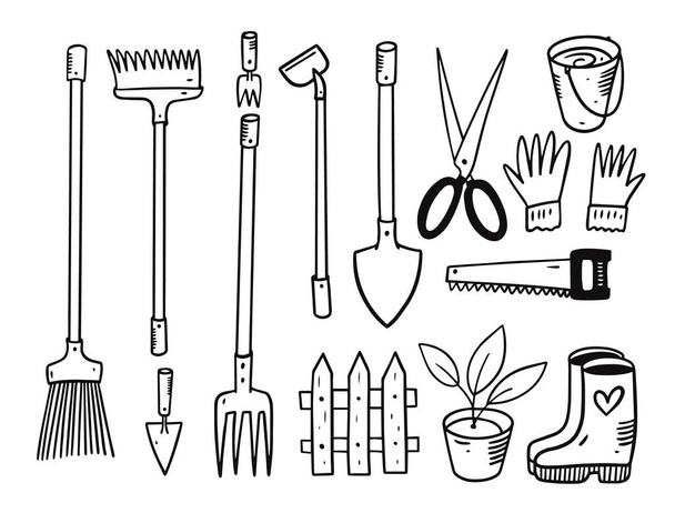 Ensemble d'outils de jardin. Illustration vectorielle Doodle. Couleur noire. - Vecteur, image