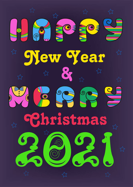 Happy New Year 2021 and Merry Christmas. Festive inscription by artistic retro font - bright colorful letters with disco style. Purple background with stars and hearts. illustration - Photo, Image