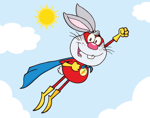 空を飛んでいる灰色のウサギのスーパー ヒーロー キャラクター - 写真・画像