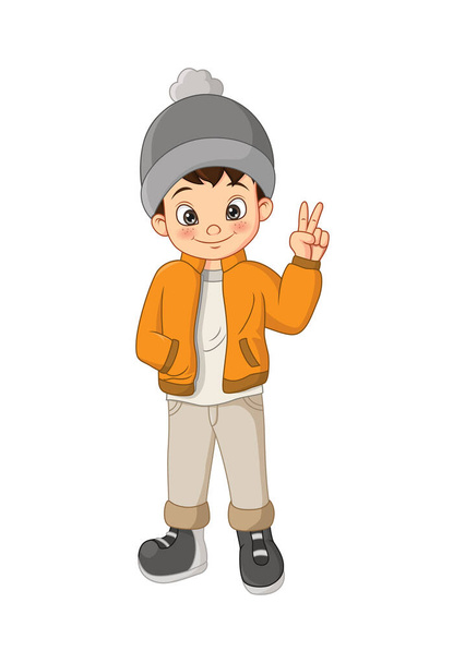 Vector illustration of Cute boy in winter clothes showing peaceful sign - Vector, Image