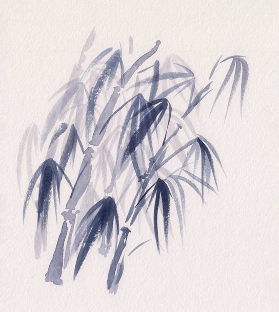 Watercolor painting with asian bamboo trees with leaves. Hand drawn peaceful oriental landscape illustration in Chinese Ink technique. Concept for relaxation, restore, calm meditation background. - Foto, Bild