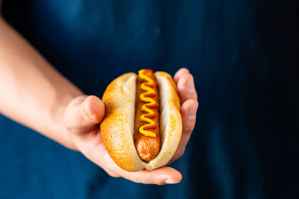 Amerykański tradycyjny fast food Hotdog ze świeżą organiczną bułką chlebową, białą pszenicą i czarną kiełbasą z węgla drzewnego, musztardą keczupową do posiłków z pieczonym ogórkiem cebulowym i frytkami, kliny i surówka - Zdjęcie, obraz