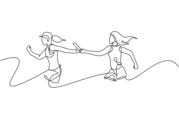 Uma única linha desenhando jovens mulheres corredoras felizes passar bastão vara para sua amiga na ilustração vetorial gráfico raça. Estilo de vida saudável e conceito de esporte competitivo. Design de desenho de linha contínua moderna - Vetor, Imagem