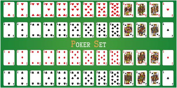 Zestaw pokerowy z pojedynczymi kartami na zielonym tle - Wektor, obraz