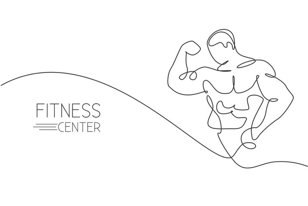 Μία μόνο γραμμή σχέδιο των νέων ενεργητικός μοντέλο άνθρωπος bodybuilder θέτουν γοητευτικά διανυσματική απεικόνιση. Υγιής έννοια προπόνηση. Μοντέρνος σχεδιασμός συνεχούς γραμμής για το λογότυπο και το εικονίδιο του γυμναστηρίου - Διάνυσμα, εικόνα
