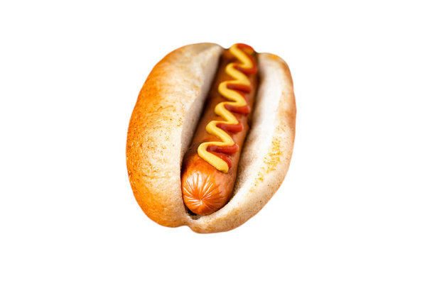 American traditional fast food Hotdog with fresh organic bread bun white wheat and black charcoal sausage ketchup mustard in isolated white background - Foto, Bild