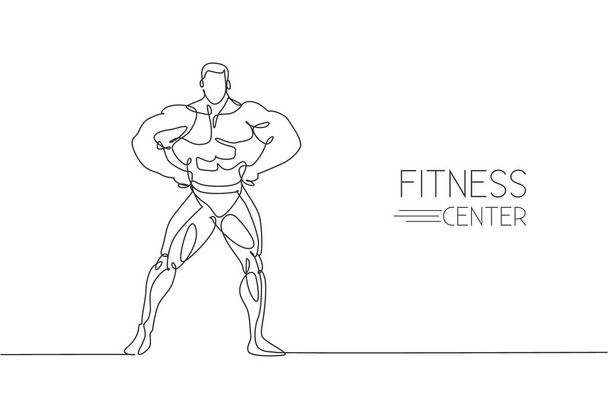 Μια συνεχής γραμμή σχέδιο των νέων ισχυρό μοντέλο άνθρωπος bodybuilder θέτουν με σιγουριά. Γυμναστήριο κέντρο έννοια λογότυπο γυμναστήριο. Δυναμική μονοσήμαντη σχεδίαση διανυσματική απεικόνιση για τον διαγωνισμό bodybuilding - Διάνυσμα, εικόνα