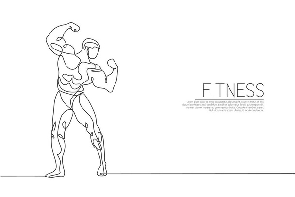 Eine durchgehende Linie zeichnet junge starke Modell Mann Bodybuilder posierte. Fitnessstudio-Logo-Konzept. Dynamische Single Line Draw Design Grafik Vektor Illustration für Bodybuilding Wettbewerb - Vektor, Bild