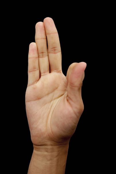 Shot of male hands isolated on black background demonstrating Kalesvara mudra. - Foto, Imagem