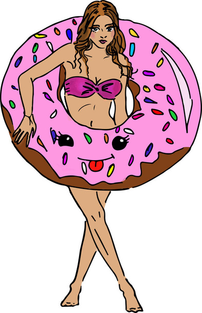 Bonito donut menina biquíni desenho vetorial  - Vetor, Imagem