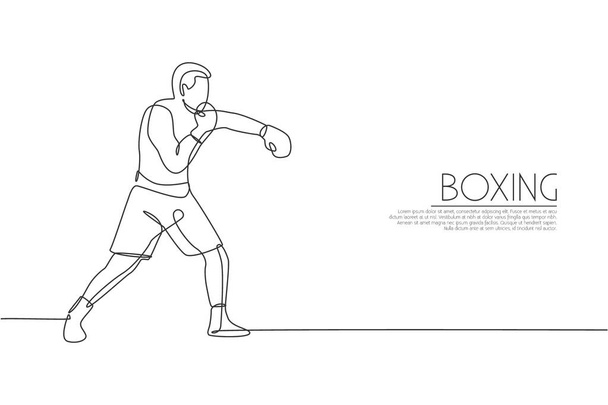 Jedna čára kreslení mladý energický muž boxer zlepšit jeho úder útok vektorové ilustrace. Sportovní bojový trénink. Moderní průběžná kresba pro banner šampionátu v boxu - Vektor, obrázek
