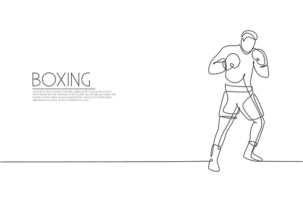 Jednoduchá kontinuální kresba mladého agilního boxera zlepšuje jeho bojový postoj v tělocvičně. Férový sportovní koncept. Trendy one line draw design vector illustration for boxing game promotion media - Vektor, obrázek