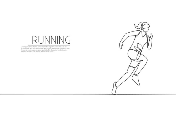 Una sola línea de dibujo de la joven mujer enérgica corredor de enfoque para ejecutar la ilustración de vectores rápidos. Deportes individuales, concepto de entrenamiento. Diseño moderno de trazado continuo de líneas para banner de competición en funcionamiento - Vector, imagen