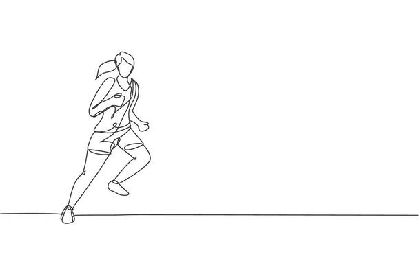 Egy vonalas rajz fiatal energikus női futó fut relax vektor grafikus illusztráció. Egyéni sport, edzéskoncepció. Modern folyamatos vonali sorsolás design futóverseny banner - Vektor, kép