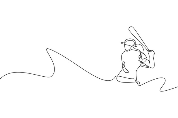 Eine durchgehende Linie zeichnet junge agile Baseballspielerin, die übt, den Ball zu treffen. Sportliches Bewegungskonzept. Trendy one line draw design graphic vektorillustration für baseball promotion media - Vektor, Bild