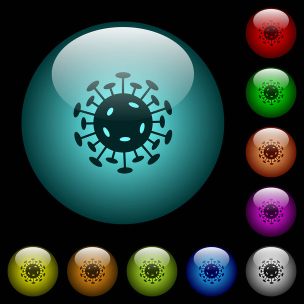 Corona virus icons in color illuminated spherical glass buttons on black background. Can be used to black or dark templates - Διάνυσμα, εικόνα