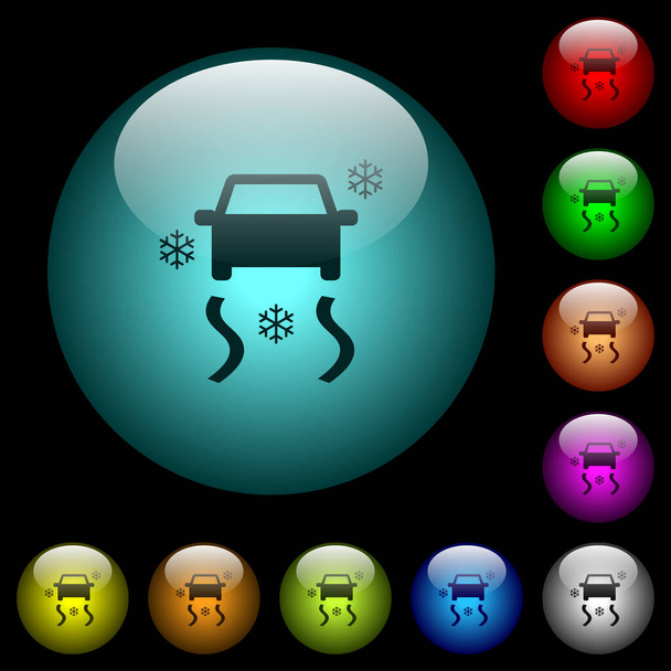 Verschneite Armaturenbrett-Symbole in farbig beleuchteten kugelförmigen Glasknöpfen auf schwarzem Hintergrund. Kann für schwarze oder dunkle Vorlagen verwendet werden - Vektor, Bild