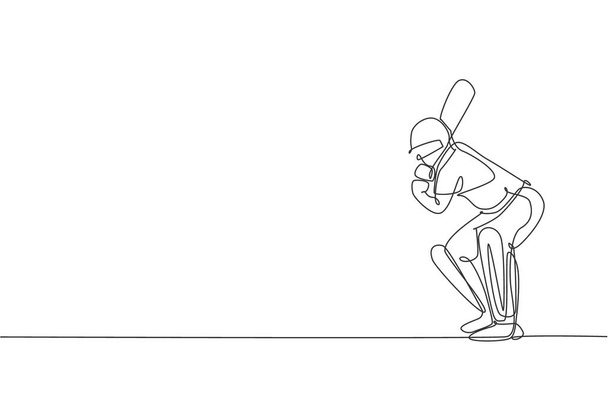 Jedna souvislá čára kreslení mladého muže kriketového hráče postoj stojící přijímat míč z nadhazovače vektorové ilustrace. Sportovní koncept. Dynamický jednořádkový design pro reklamní plakát - Vektor, obrázek