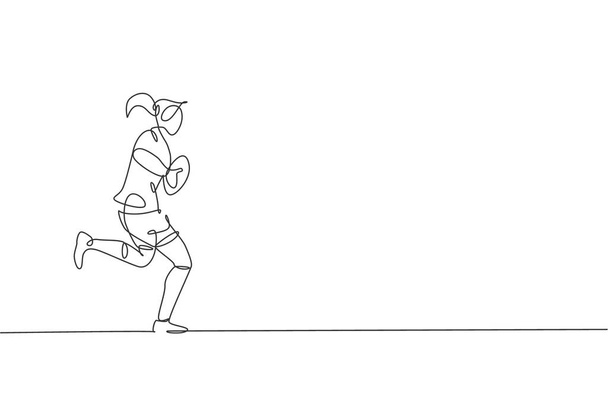 Dibujo de línea continua única de un joven jugador de rugby ágil corriendo y sosteniendo la pelota. Concepto deportivo competitivo. Moderna ilustración de vectores de diseño de una línea para medios de promoción de torneos de rugby - Vector, Imagen