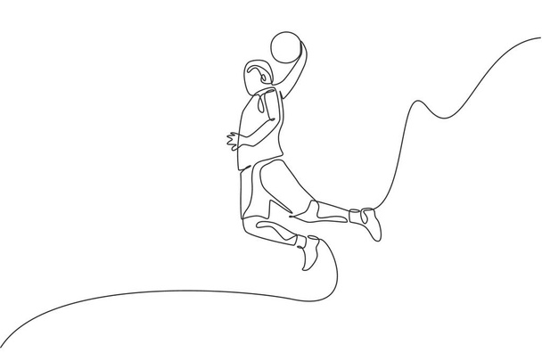Una sola línea de dibujo de joven jugador de baloncesto enérgico slam dunk vector ilustración. Concepto de competición deportiva. Diseño moderno de línea continua para póster y banner de torneo de baloncesto - Vector, Imagen