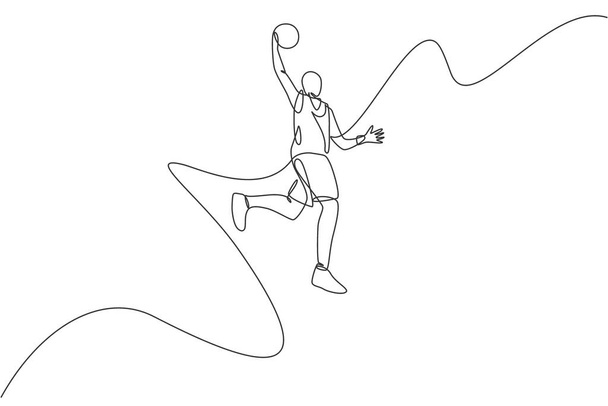 若い精力的なバスケットボール選手ジャンプの1行の図面は、ボールベクトルのイラストをスローします。スポーツ競技の概念。バスケットボールトーナメントポスターのためのモダンな連続線描画デザイン - ベクター画像