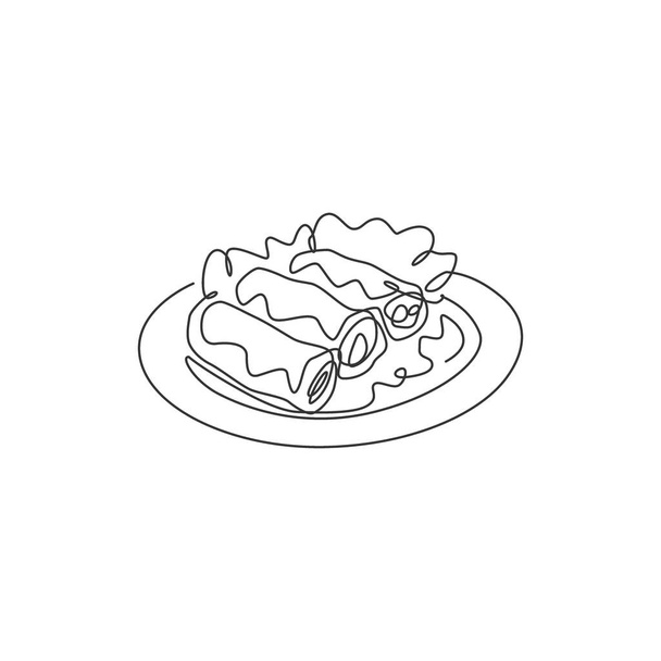Eine durchgehende Linienzeichnung von frischen köstlichen chinesischen Frühlingsrollen Restaurant Logo Emblem. Konzept eines asiatischen Lebensmittelcafés mit Logotyp-Vorlage. Moderne einzeilige Zeichnung Design Vektor grafische Illustration - Vektor, Bild