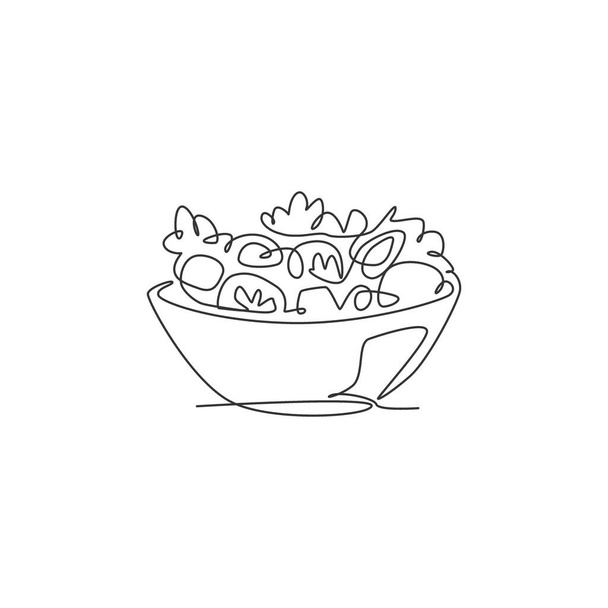 Enkele continue lijn tekening van gestileerde groenten salade op schaal logo label. Gezond eten restaurant concept. Moderne one line draw design vector illustratie voor cafe, winkel of food delivery service - Vector, afbeelding