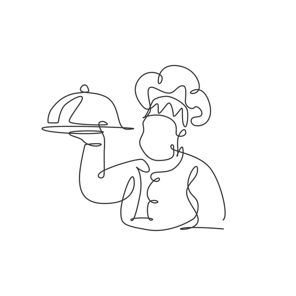 Jednoduchá kontinuální kresba stylizovaného šéfkuchaře servírujícího jídlo pro logo restaurace. Koncept maskota kavárny. Moderní jednořádková kresba vektorová grafická ilustrace pro dodávky potravin - Vektor, obrázek