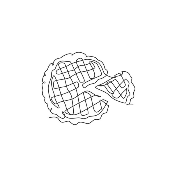 レストランメニューロゴマークのエンブレムのための新鮮なおいしいアメリカのアップルパイの連続線画。ペイストリーフードカフェショップロゴタイプテンプレートコンセプト。現代の単線描画ベクトルイラスト - ベクター画像