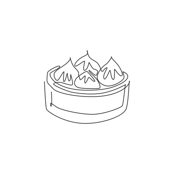 Taze Çin hamur tatlısı grafik vektör illüstrasyonunun tek çizgi çizimi. Asya yemekhanesi menüsü ve restoran rozeti konsepti. Modern sürekli çizgi tasarım sokak yiyecekleri logosu - Vektör, Görsel
