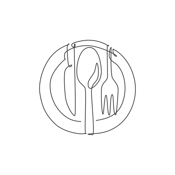 レストランロゴベクトルイラストグラフィック用プレートナイフ、フォーク、ナイフの1本の線画。高級カフェバッジのコンセプト。現代の連続線画デザイン食品店のアートロゴタイプ - ベクター画像