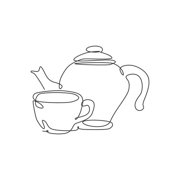 Jednoduchá souvislá kresba stylizované hliněné keramické konvice a porcelánový šálek čaje. Emblem nápojový obchod koncept. Moderní jednořádková kresba vektorová grafická ilustrace pro kavárnu a obchod s nápoji  - Vektor, obrázek