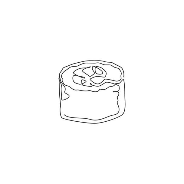様式化された日本の巻き寿司バーのロゴラベルの単連続線画。シーフードレストランのコンセプトを象徴する。現代的な1行は、お店や食品配達サービスのための設計ベクトル図を描く - ベクター画像