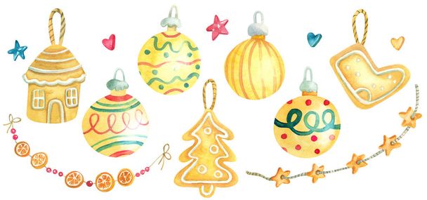 Watercolor set with Christmas decorations. Gold yellow baubles decorated with patterns, garlands, gingerbread. Hand painted illustration isolated on white. New year. Great for  greeting cards, posters - Photo, Image