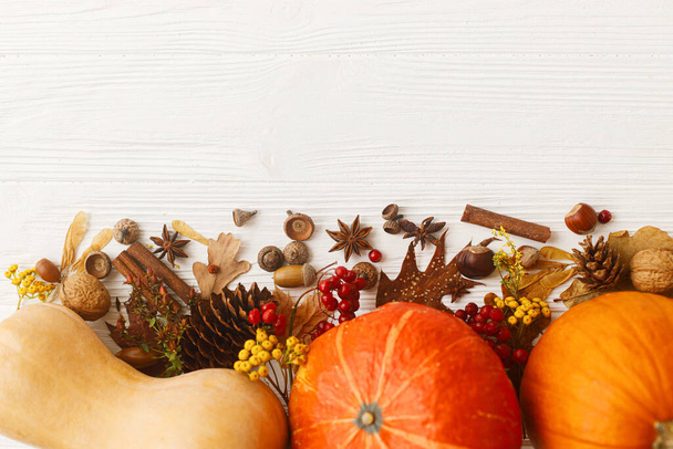 Autumn flat lay. Pumpkins, anise, cinnamon, acorn, nuts and autumn leaves on white wood. Autumnal seasonal greeting card, space for text. Happy Thanksgiving concept - Photo, Image