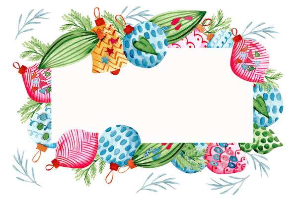 Подарочная рамка с атрибутами Рождества. Новогодние игрушки. Яйца, деревья, снежинки. Зима, рождественский дизайн. праздничный бесшовный узор с символами зимних праздников. Акварель - Фото, изображение